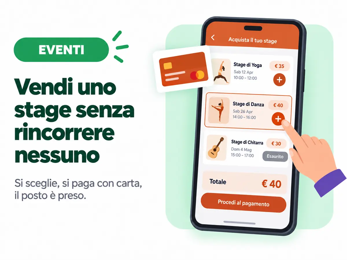 Pagina di vendita di uno stage: scelta delle lezioni, totale e pagamento con carta