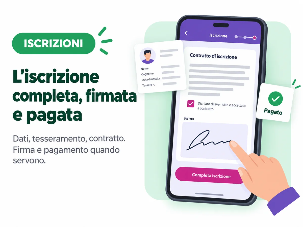Modulo di iscrizione alla stagione creato con Form Editor: contratto, firma e quota pagata