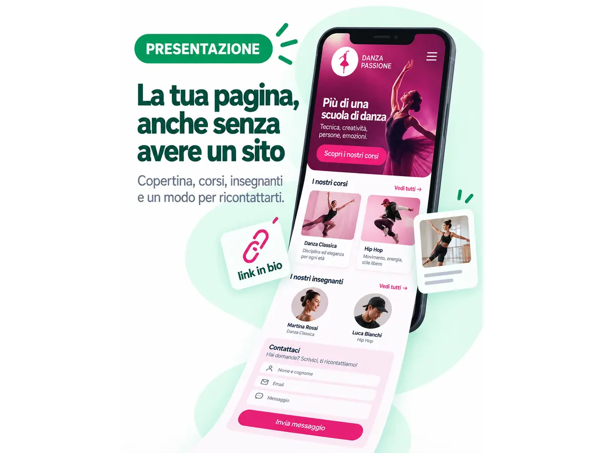 Pagina di presentazione di una scuola di danza con corsi, insegnanti e modulo di contatto