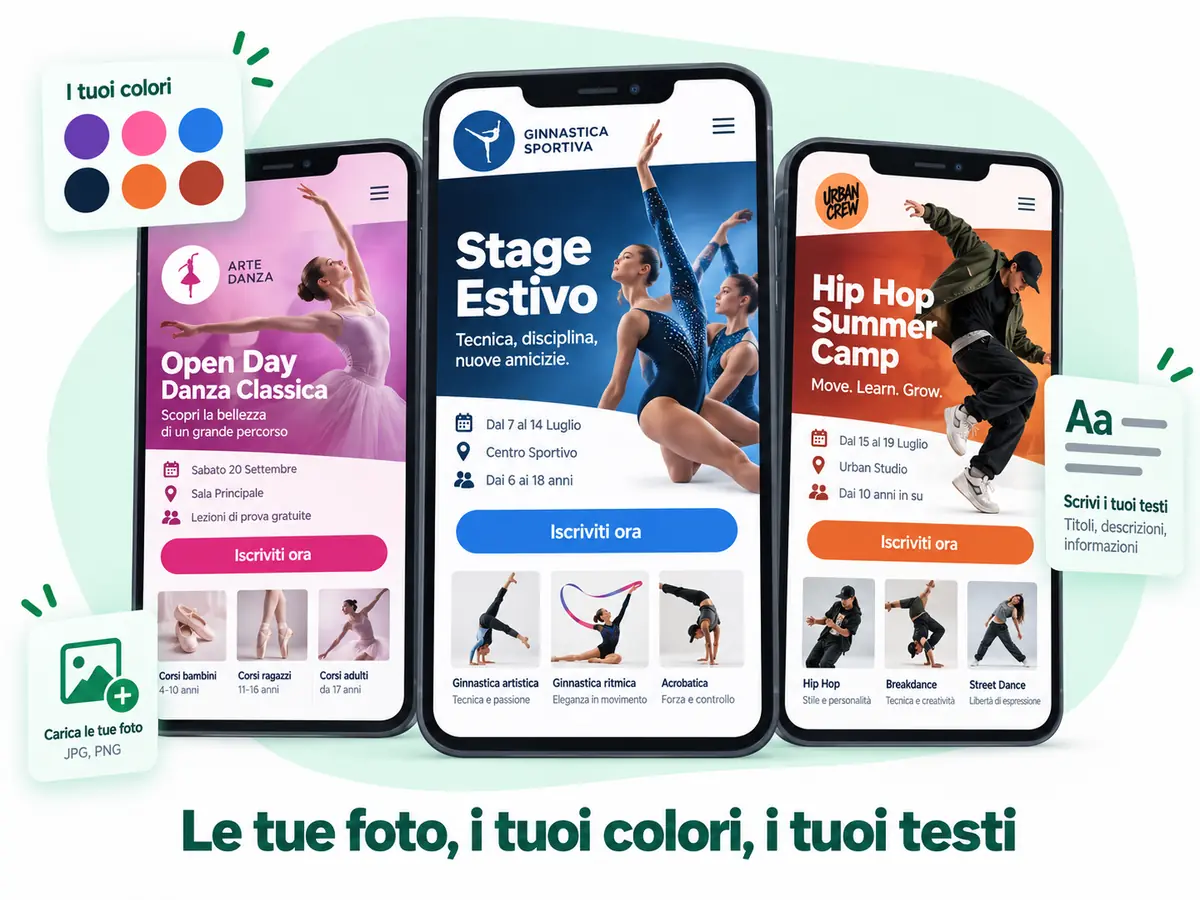 La stessa pagina di iscrizione in tre identita diverse: colori, foto e logo di tre societa sportive
