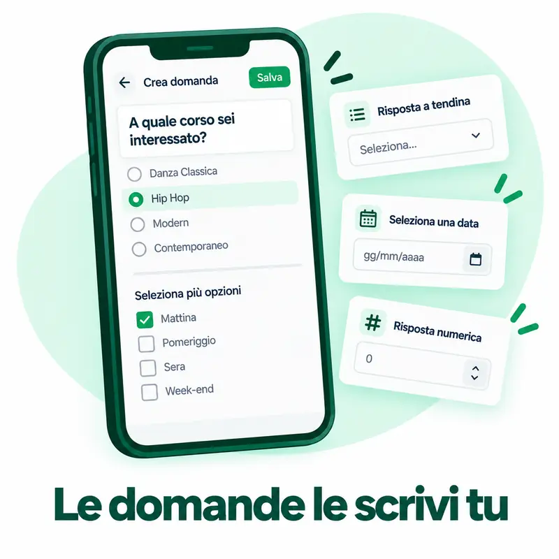 Tipi di domanda del Form Editor: scelta singola, multipla, tendina, data e numero