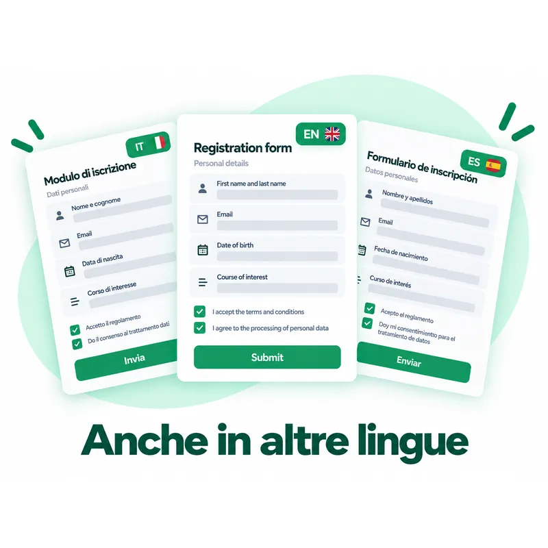 Lo stesso modulo di iscrizione in italiano, inglese e spagnolo