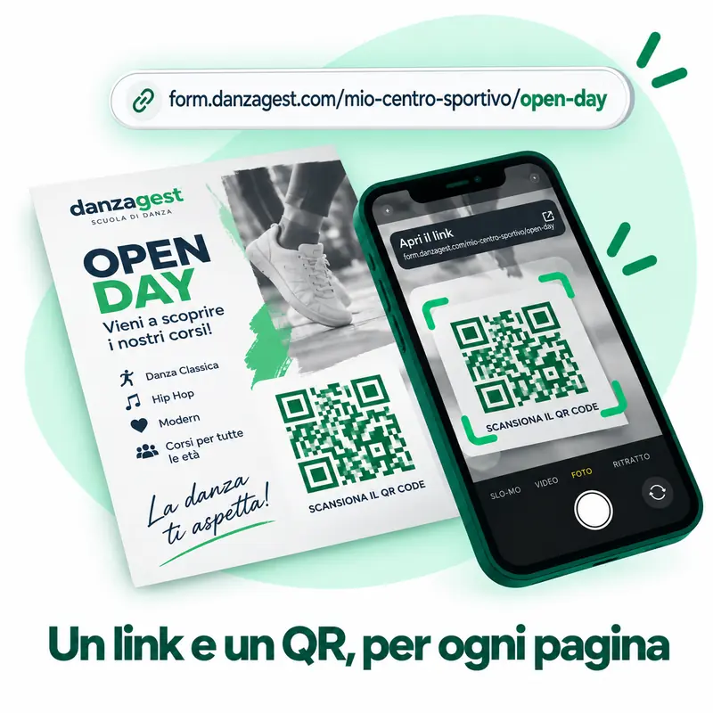 Volantino di un open day con QR code inquadrato dal telefono e link corto della pagina